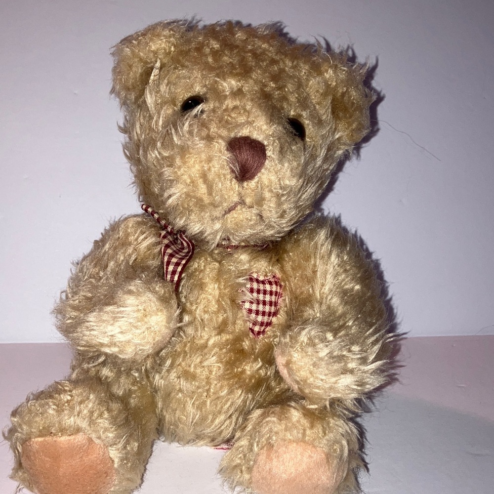 Vtg. Russ Tan Plush Bear with Burgundy Checkered Ribbon and Heart 8”